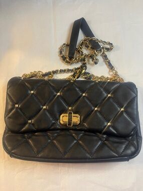 BADGLEY MISCHKABlack Quilted Shoulder Bag with Gold Chain.